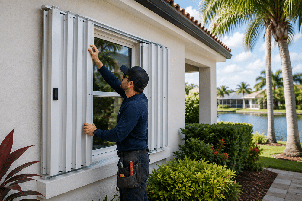 Hurricane shutters being inspected and maintained on a South Florida home to ensure smooth opening and closing before storm season