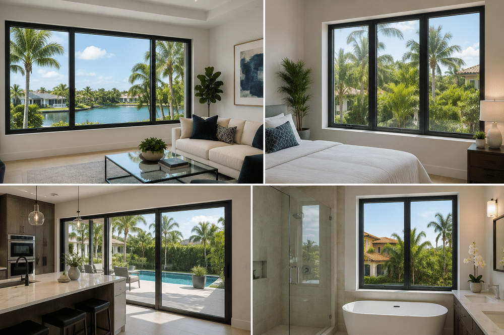 Modern South Florida home featuring impact windows in multiple rooms, showcasing natural light, views, and storm protection.